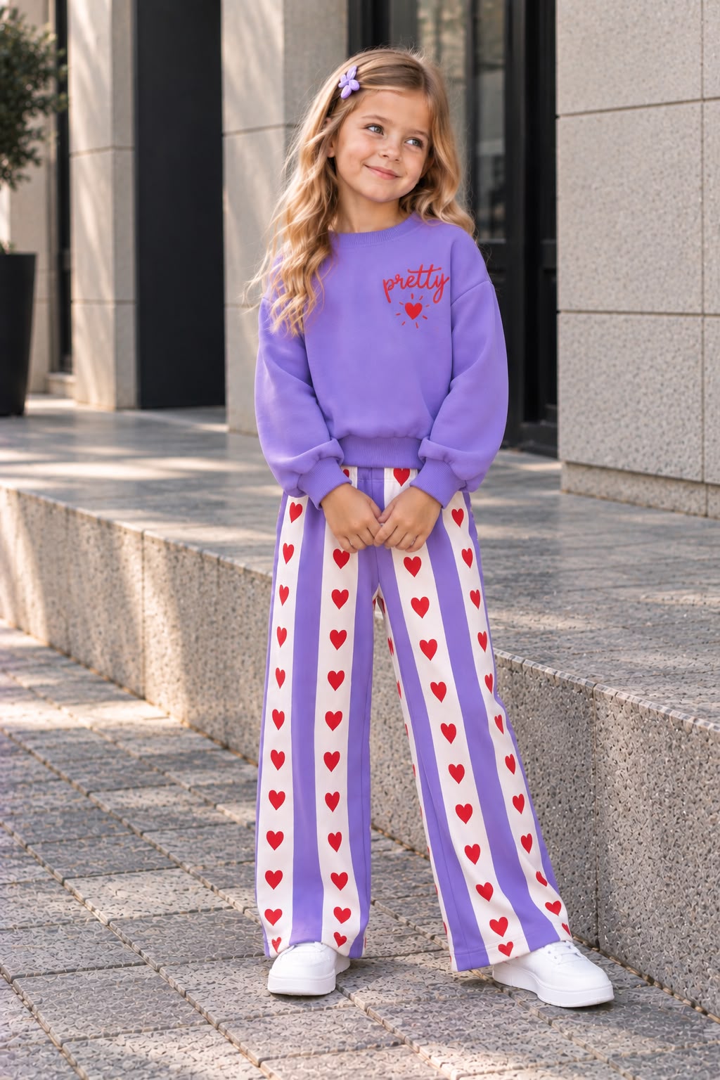 YmnCocuk™ PRETTY BASKILI TARZ BOL PAÇA 2 Lİ TAKIM (Mor)