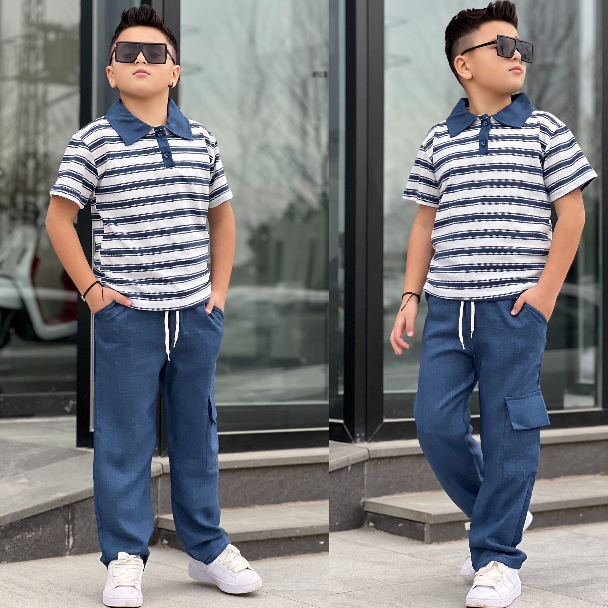 YmnCocuk™ Keten Altı Uzun Çizgili Tişört Tarz Model