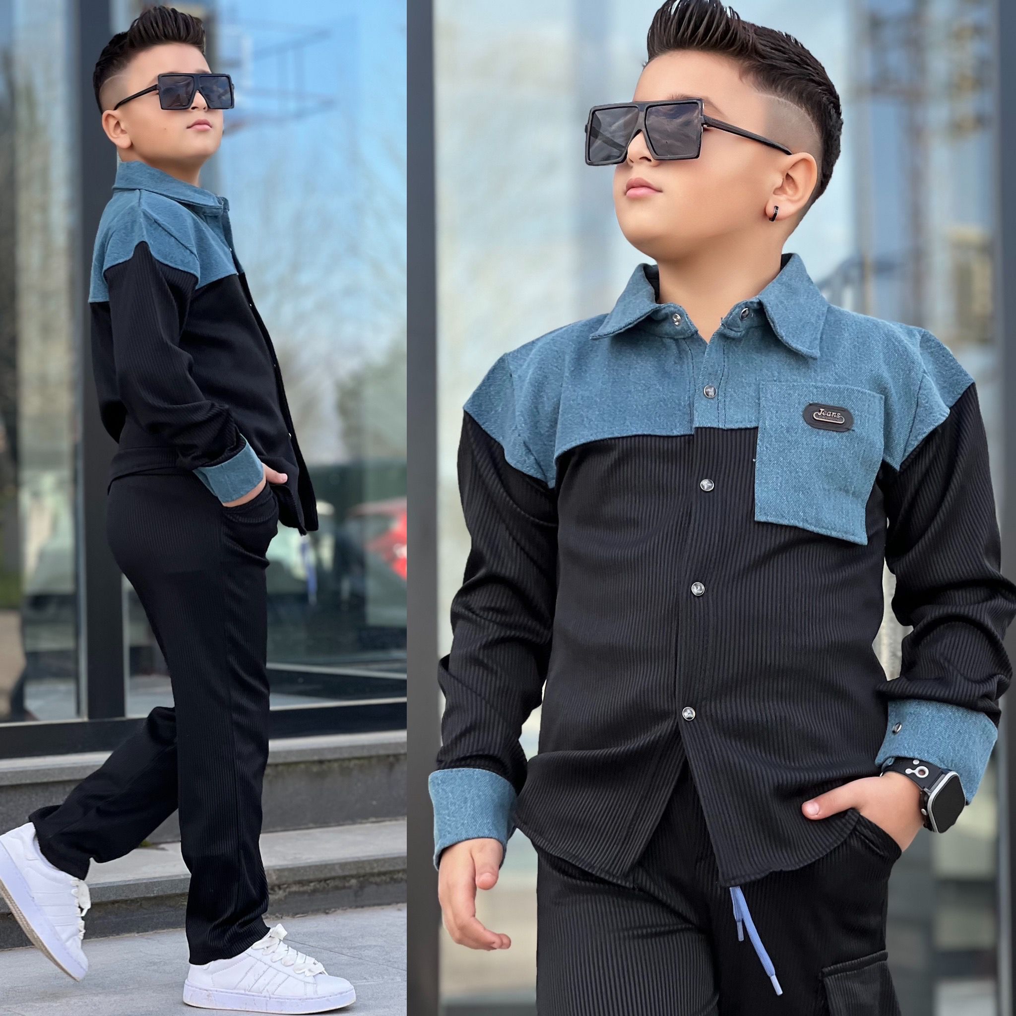 YmnCocuk™  Kot Parçalı GÖMLEK-  Bol Paça Eşofman Takım